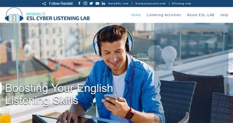 Esl lab - If so, I have organized many of the listening activities on www.esl-lab.com and all of my other sites according to subject and language function. This guide can help you find the topics you want to study: www.dailyesl.com. www.ezslang.com. www.trainyouraccent.com. Short Listening (SL-Basic English), Easy (E), Intermediate (I), and Difficult ( D ... 